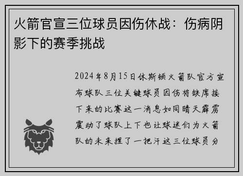 火箭官宣三位球员因伤休战：伤病阴影下的赛季挑战