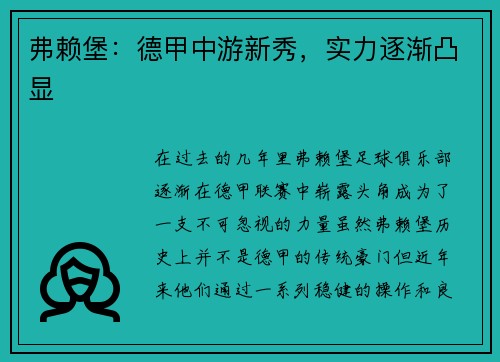 弗赖堡：德甲中游新秀，实力逐渐凸显