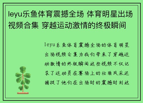 leyu乐鱼体育震撼全场 体育明星出场视频合集 穿越运动激情的终极瞬间