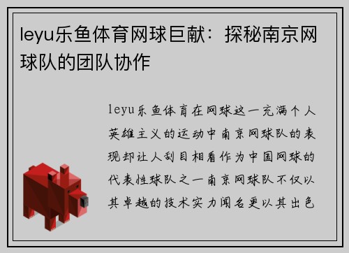 leyu乐鱼体育网球巨献：探秘南京网球队的团队协作