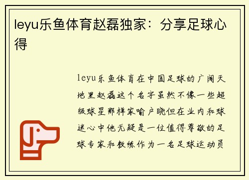 leyu乐鱼体育赵磊独家：分享足球心得